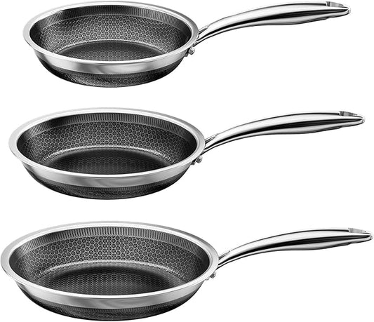 FogDream 8, 10, 12" Stainless Steel Frying Pan, Honeycomb Hybrid Nonstick Skillet for Induction & All Cooktops, PFAS/PFOA/PTFE Free, Oven Safe to 500°F, Stay-Cool Handle, Dishwasher Safe, Silver by FogDream