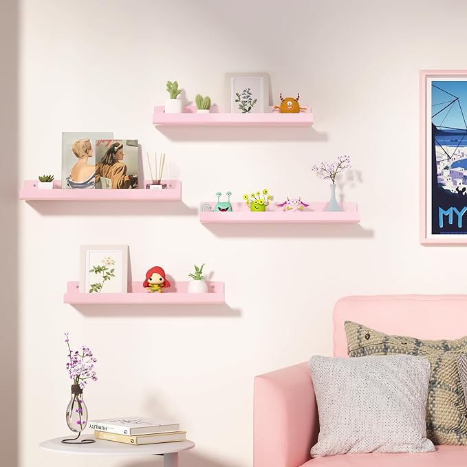 upsimples Acrylic Shelves for Wall Decor, 15" Display Shelf Perfume Organizer for Bathroom, Bedroom, Living Room, Floating Bookshelves for Kids, Pink, 4 Pack - Image 2