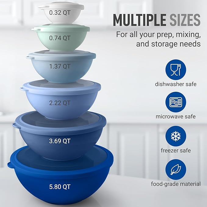 Zulay Kitchen 12 Piece Plastic Mixing Bowls with Lids Set - Leak-Proof Microwave & Freezer Safe Stackable Mixing Bowl Set for Preparing, Serving and Storing - Non-Slip Large Nesting Bowls (Blue Ombre) - Image 3