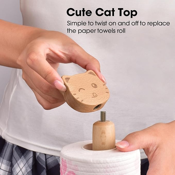 KitchLife Cute Wooden Paper Towel Holder Countertop - Solid Freestanding Paper Towel Dispenser Stand Organizer with Anti-Skid Base (Cat) - Image 4