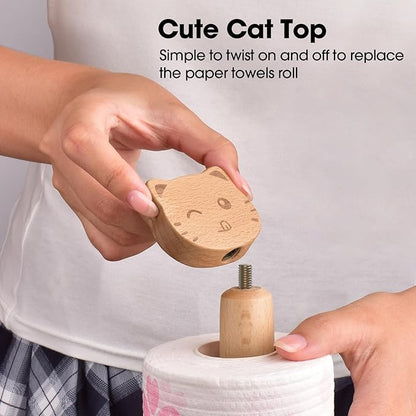 KitchLife Cute Wooden Paper Towel Holder Countertop - Solid Freestanding Paper Towel Dispenser Stand Organizer with Anti-Skid Base (Cat) - Image 4