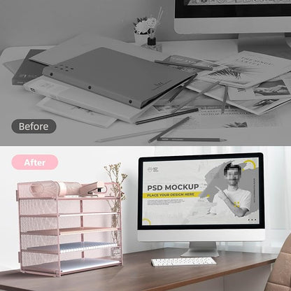 Sinboun Letter Tray Paper Organizer 5-Tier Desk Organizer File Organizer Paper Holder with Handle, Metal Desktop Document Shelf Tray Office Classroom Organization - Pink, PK5CENGTISHOU