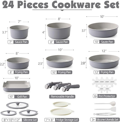 SENSARTE 24 Piece Ceramic Pots and Pans Set, Nonstick Detachable Handle Cookware, Induction Kitchen Cookware Set with Removable Handle, Healthy Non Stick for RV, Dishwasher＆Oven Safe, PFOA Free (Gray)