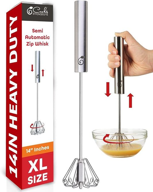 14 Inch Stainless Steel Egg Beater - Durable & Easy to Use Push-Down Zip Whisker - Rotary Hand Mixer for Beating Eggs, Frothing Milk, Blending, Mixing, Whipping Smoothies & Shakes - Hand Whisk