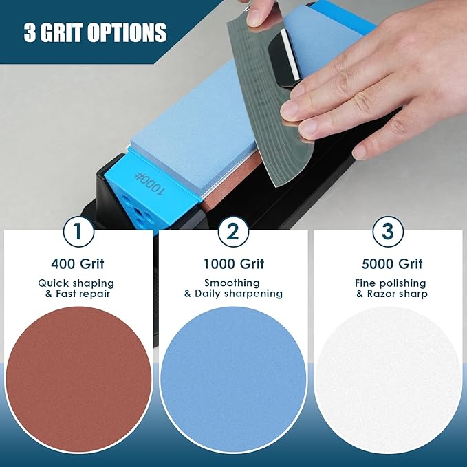 Large Knife Sharpening Stone, Tri-Stone Knife Sharpener, 3 Sides Grit 400/1000/5000, Whetstone Knife Sharpener with Non-Slip Base, Angle Guide & Leather Strop, for Kitchen Knives and Pocket Knives - Image 3