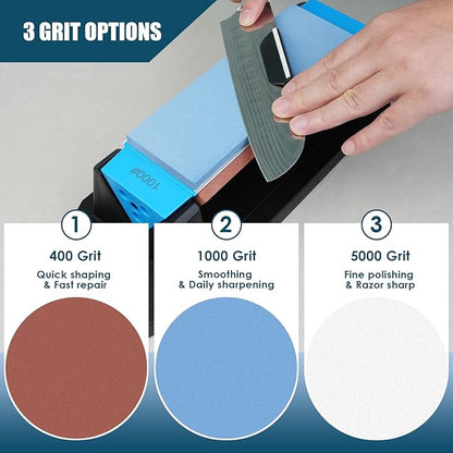 Large Knife Sharpening Stone, Tri-Stone Knife Sharpener, 3 Sides Grit 400/1000/5000, Whetstone Knife Sharpener with Non-Slip Base, Angle Guide & Leather Strop, for Kitchen Knives and Pocket Knives - Image 3