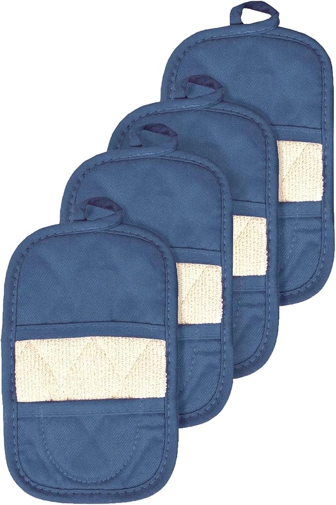 RITZ Premium Pot Holders & Heating Pads (4-Pack), 8.5" x 5.5", Heat Resistant, 100% Cotton Terry-Looped Pocket, Kitchen and Barbeque, Federal Blue by Ritz+Foodservice