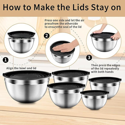 Mixing Bowls with Airtight Lids Set, 5 PCS Stainless Steel Black Nesting Bowls for Kitchen, Large Prep Metal Mixing Bowls for Kitchen, 5.5/4/3.5/2/1.5 QT for Mixing & Serving