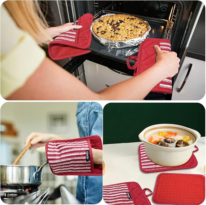 Alselo Silicone Pot Holders Set of 3 Heat Resistant & Non Slip Potholders, Professional Oven Hot Pads with Pockets Mitts for Kitchen Cooking Baking Barbecue (3, Red) - Image 5
