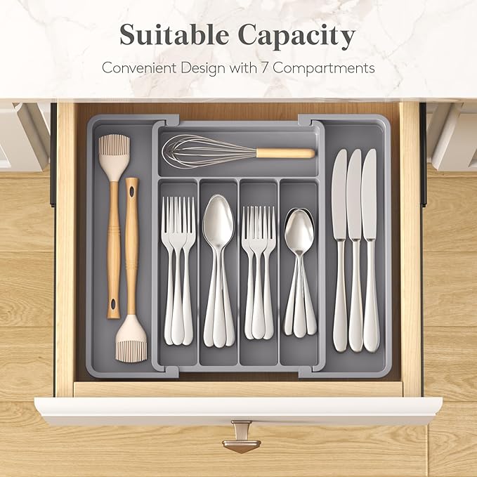 Lifewit Silverware Drawer Organizer, Expandable Utensil Tray for Kitchen, BPA Free Flatware and Cutlery Holder, Adjustable Plastic Storage for Spoons Forks Knives, 8.5-14 x 12", Gray - Image 3
