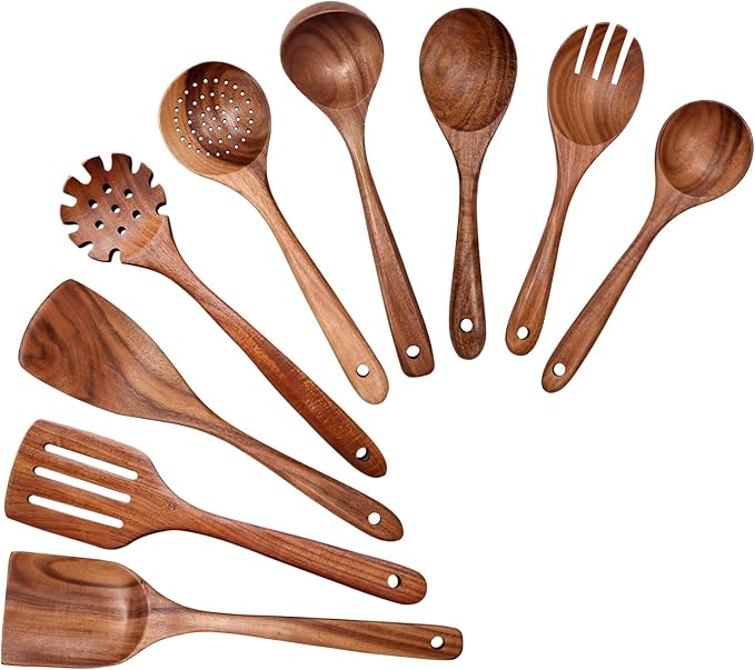 Wooden Spoons for Cooking 9 Pieces Set, TeakWooden Kitchen Utensil Set, Wooden Cooking Utensils Spoons, Spatulas, Heat-Resistant, Lightweight & Durable, Perfect for Non-Stick Cookware by YYLTJR