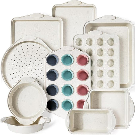 Kikcoin 22 PCS Nonstick Baking Pans Set, Stackable Bakeware Sets with Silicone Handles, 450°F Oven Safe Baking Sheet Set, Easy Release Cookie Sheets for Baking, Cream by Kikcoin