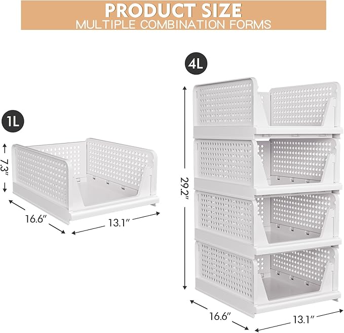 4 Pack Stackable Closet Storage Basket - Stackable Storage Bins, Multifunctional & Foldable Closet Organizer Divided, Wardrobe Cupboard Space-Saving Clothes Storage Hat Organizer, White - Image 3
