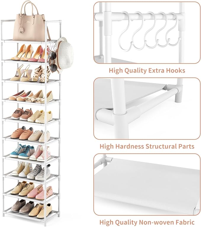 LANTEFUL 10 Tiers Tall Shoe Rack 20-25 Pairs Boots Organizer Storage Sturdy Narrow Shoe Shelf for Entryway, Closets with Hooks, White - Image 4