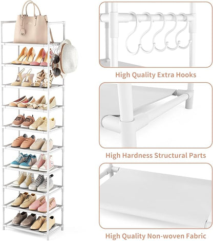 LANTEFUL 10 Tiers Tall Shoe Rack 20-25 Pairs Boots Organizer Storage Sturdy Narrow Shoe Shelf for Entryway, Closets with Hooks, White - Image 4