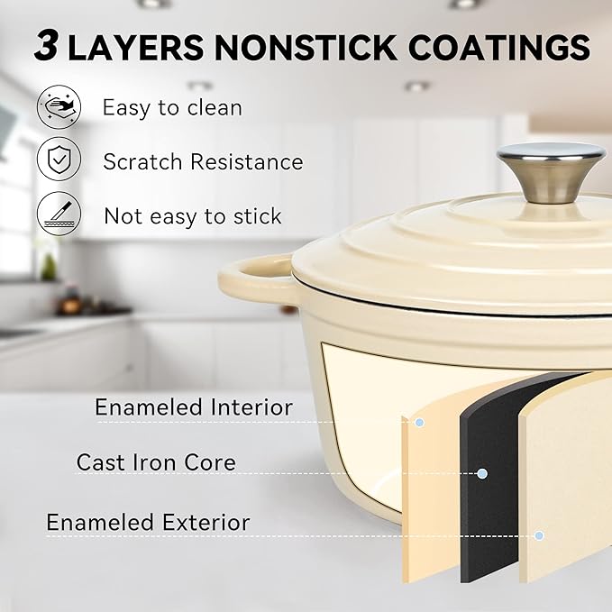 Miereirl 4.5 Quart Enameled Dutch Oven Pot with Lid, Cast Iron Dutch Oven with Dual Handles for Bread Baking, Cooking, Non-stick Enamel Coated Cookware (Beige) - Image 3