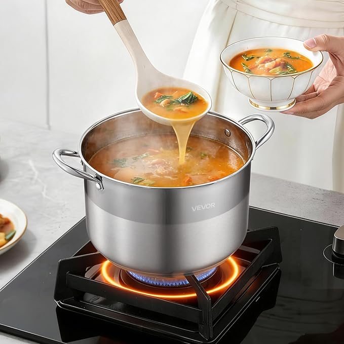 VEVOR Stainless Steel Stock Pot, 12QT Stainless Steel Stockpot with Glass Lid, PFOA-Free, PFAS-Free, Compatible with Gas Stoves, Induction Cooktops, Electric Stoves, for Soups, Stews, and Pasta - Image 8