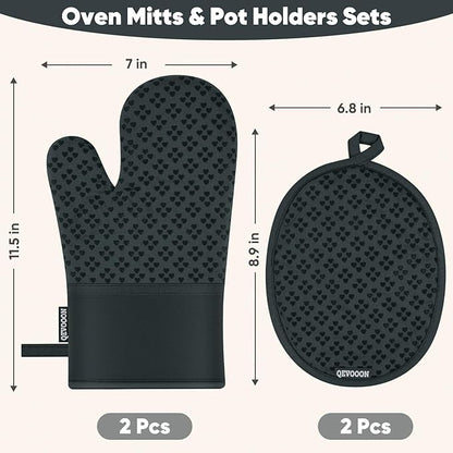 Oven Mitts and Pot Holders 4 Sets, Heat Resistant 500 ℉ Oven Mitt and Pot Holder,Oven Glove&Potholders with Non-Slip Silicone Surface,Kitchen Essentials for Cooking/Baking/BBQ-Deep Green - Image 2