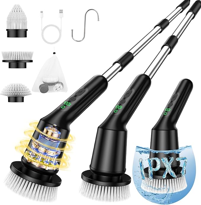 Electric Spin Scrubber for Cleaning Bathroom, Shower Scrubber Rotary Floor Brushes with IPX7 Waterproof & 2 Speed, 3 Brush Heads, Bathroom Cleaning Supplies for Toilet Shower Tub Sooty