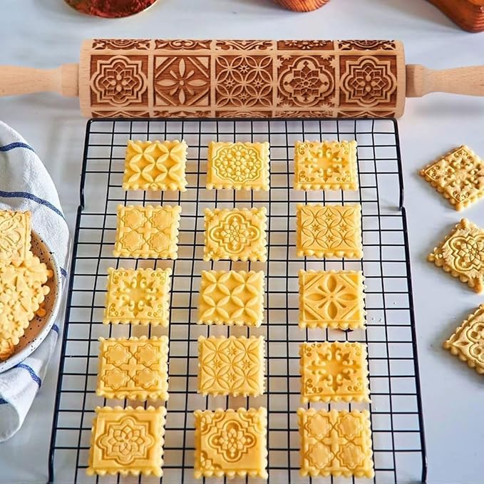 Christmas Embossed Rolling Pin for Baking Cookies Embossing Rolling Pins with Design Wooden Engraved Springerle Roller Pin Dough Patterned Clay Pottery Ceramic Bakers Women (Vintage Square Patterns)