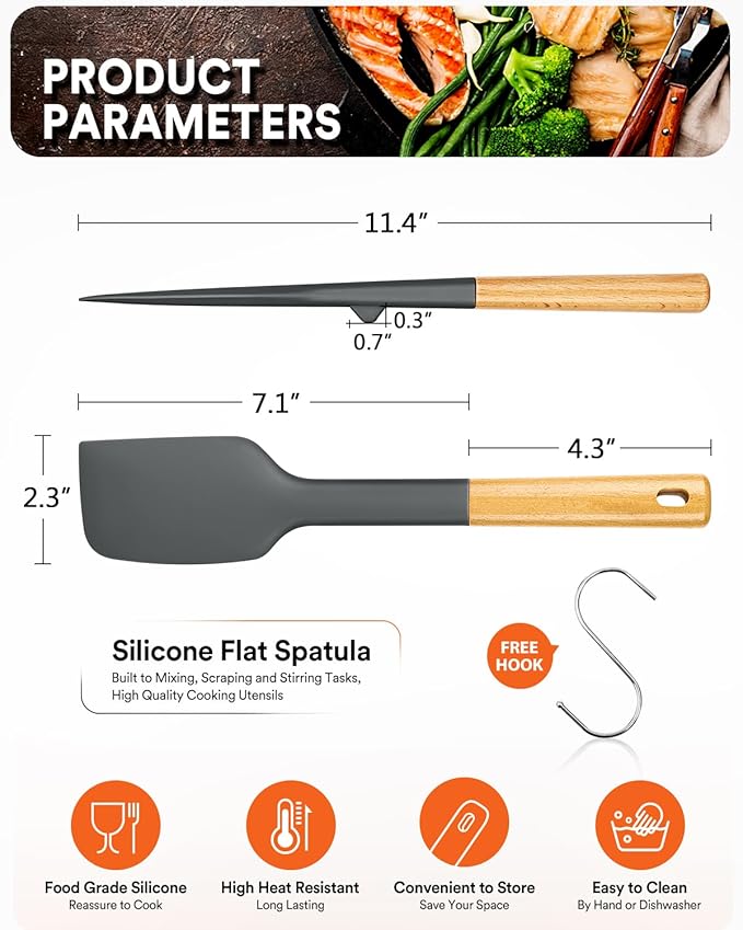 Silicone Heavy-Duty Spatula, Great For Tough Mixing And Stirring, Sturdy Bpa-Free Matte Silicone, Wooden Handle Rubber Scraper For Nonstick Cookwares (GREY)