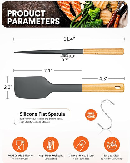 Silicone Heavy-Duty Spatula, Great For Tough Mixing And Stirring, Sturdy Bpa-Free Matte Silicone, Wooden Handle Rubber Scraper For Nonstick Cookwares (GREY)
