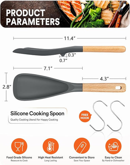 Cooking Spoon for Nonstick Cookwares, Great for Cooking and Serving Sturdy BPA-Free Matte Silicone, Wood Handle Spoon for Mixing, Scoop, and Scrape (2 Pack of Grey, 11.4 inch) - Image 2