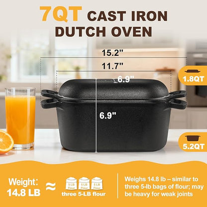 7QT Oval Dutch Oven for Sourdough Bread Baking, Pre-Seasoned Cast Iron Bread Pan with Lid, Even Heat Distribution for Homemade Bread