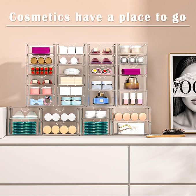 ARSTPEOE 30 Drawers, Acrylic Desk Makeup Organizer, Plastic Drawers Organizer, Stackable Storage Solution for Makeup, Dresser, Office, Bathroom Clear Plastic Craft and Bead Storage Cabinet - Image 6