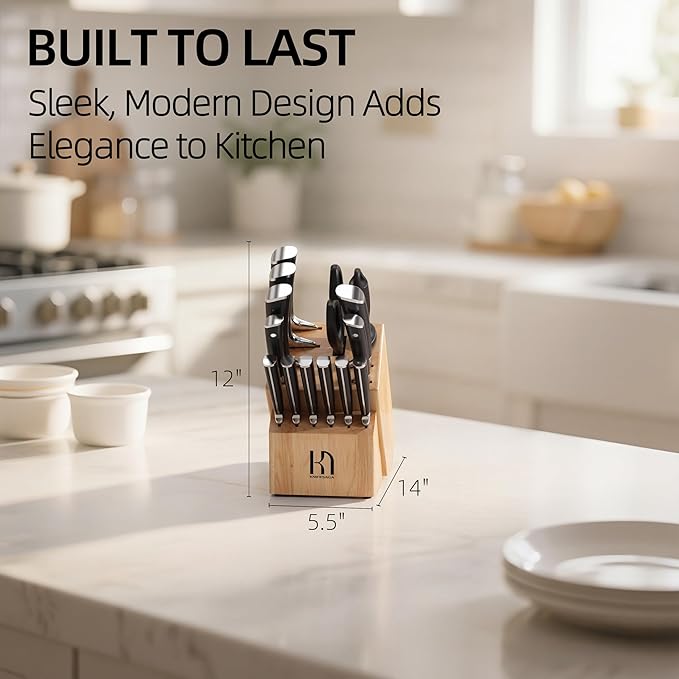 KnifeSaga Knife Set with Block, Japanese 15 PCS Ultra Sharp Ktichen Knives Set, High Carbon Stainless Steel Knife Block Set with Sharpener, Professional Knives with Ergonomic Handle for Home Chefs - Image 7