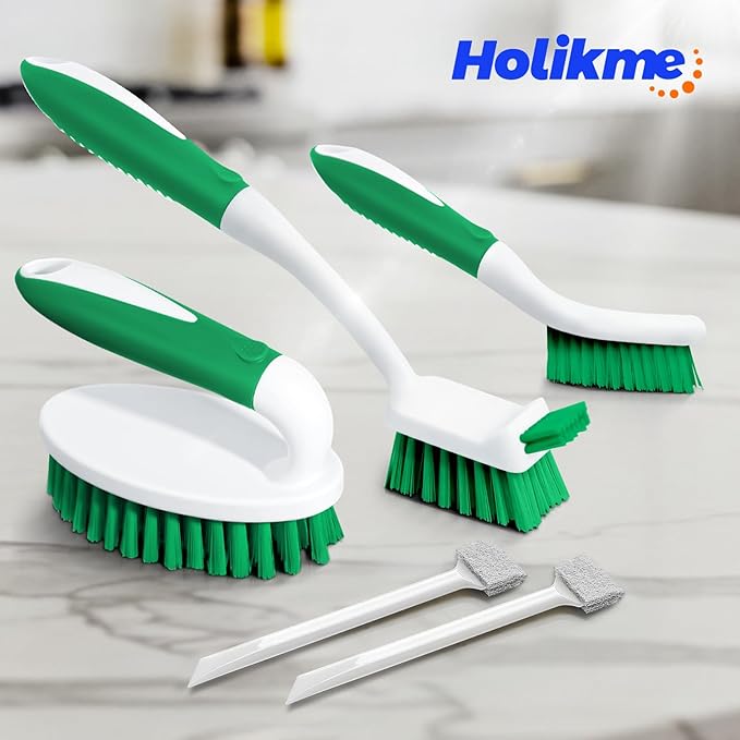 Holikme Cleaning Brush Set for Household Use, Scrub Brush, Kitchen Brush, Tile Lines Brush for Bathroom, Floor, Tub, Shower and Kitchen Surface (Green) - Image 7