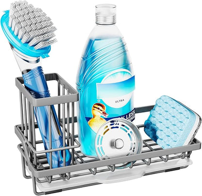 Consumest Sponge Holder for Kitchen Sink - Kitchen Sink Caddy Organizer with Removable Drip Tray for Countertop Dish Soap Dispenser Brush Storage Accessories 304 Stainless Steel, Grey by Consumest