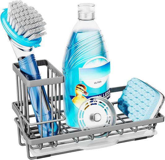 Consumest Sponge Holder for Kitchen Sink - Kitchen Sink Caddy Organizer with Removable Drip Tray for Countertop Dish Soap Dispenser Brush Storage Accessories 304 Stainless Steel, Grey by Consumest