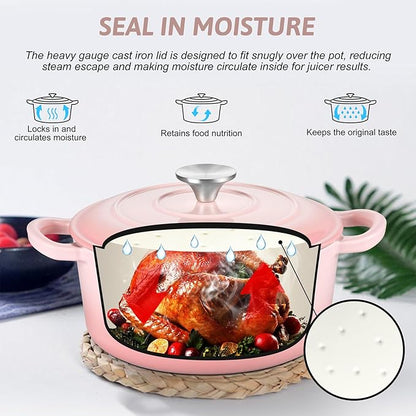 TeamFar Enameled Cast Iron Dutch Oven - 3QT Small Dutch Oven Pot with Lid - Heavy Duty Cast Iron Pot Cookware for Bread Baking, Braising, Stewing, Roasting, Pink - Image 3