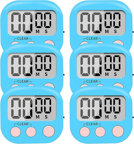 6 Pack Small Digital Kitchen Timer Magnetic Back and ON/Off Switch,Minute Second Count Up Countdown (Blue) by LinkDm