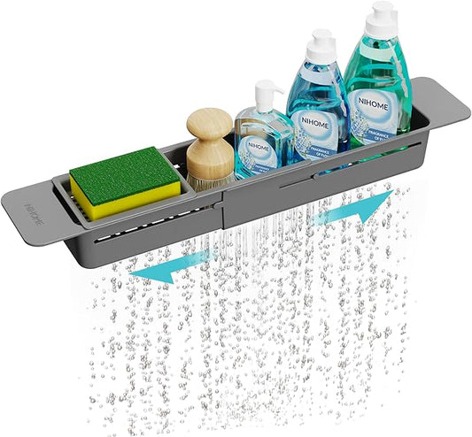 NiHome Extendable Sink Kitchen Organizer, Extra Long Telescopic Brush Storage Rack for Sponge, Non-Slip Pads Expandable Sink Caddy, Adjustable Brush Rack with Drainage Durable ABS (Dark Gray) by NiHome