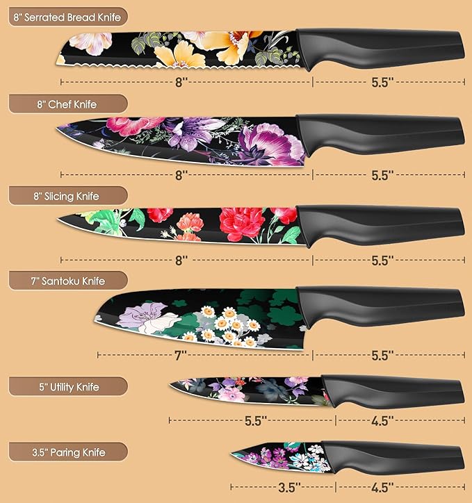Astercook Knife Set, 12-Piece Flower Kitchen Knives Sets with Blade Guards, Dishwasher Safe, German High Carbon Stainless Steel, Perfect Gifts for Kitchen - Image 2