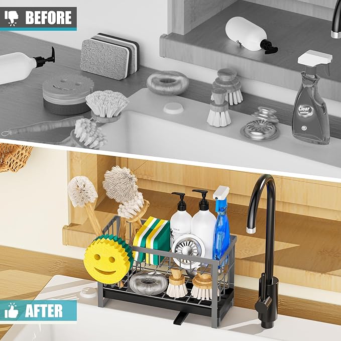 Sponge Holder for Kitchen Sink with Flexible Sink Caddy Smiley Face,2 Tier Kitchen Sink Organizer Countertop and Storage Essentials,Soap Dispenser Organize,Home Decor Accessories-Gray - Image 6