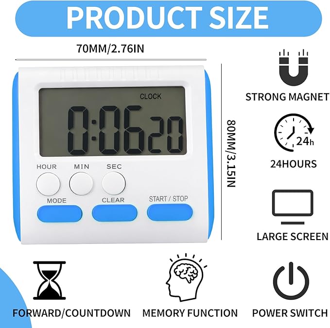 Mudder 3 Pack Digital Kitchen Timer for Cooking, Large Digits, 24 Hour Magnetic Backing Stand Kitchen Timers Clock for Classroom Kids Teachers, Loud Alarm and Large Screen (Blue) - Image 2