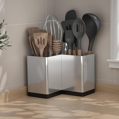 Suli Utensil holder,Kitchen Utensil Organizer for Corner Countertop,Extra Large Silverware Organizer with 3 Compartments,Farmhouse Decor,Iron,Silvery - Image 8