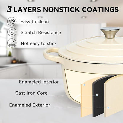 Miereirl 6 Quart Enameled Dutch Oven Pot with Lid, Cast Iron Dutch Oven with Dual Handles for Bread Baking, Cooking, Non-stick Enamel Coated Cookware (Beige) - Image 3