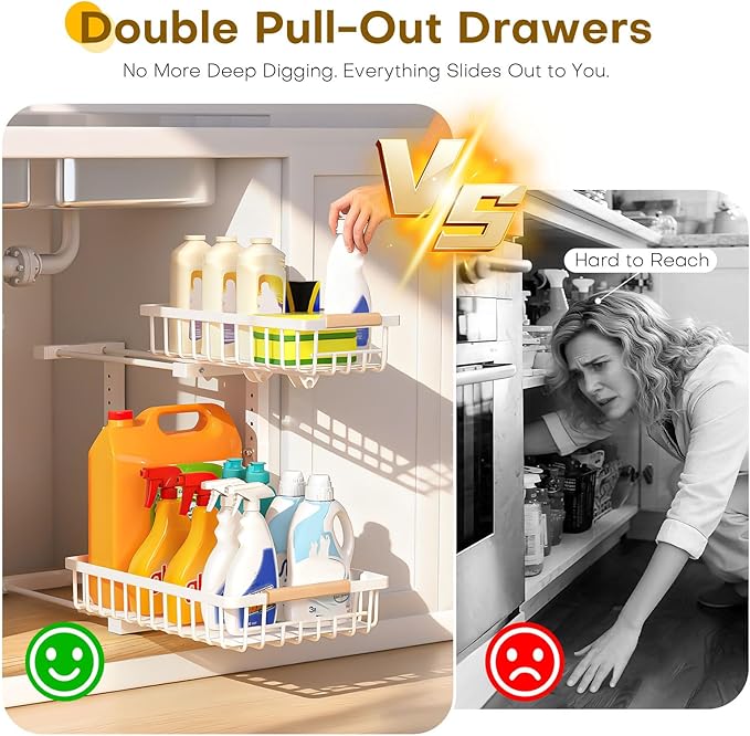 Under Sink Organizer, 2 Tier Pull Out Under-Sink Shelves, Adjustable Height (13.8" -16.9"), Sturdy Metal Storage Organizer for Bathroom Kitchen Pantry Cabinet (2 Packs, White) - Image 5