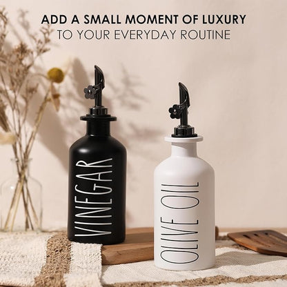 HOMCDALY Premium Olive Oil Dispenser for Kitchen, 11.8oz Glass Oil Bottles with Bamboo Tray, Oil&Vinegar Cruet Set, Kitchen Dispenser Bottles with Pourer | Set of 2 (11.8oz –P–Black&White) - Image 3
