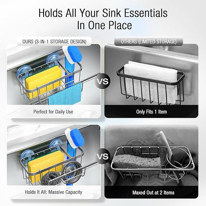 3-in-1 Kitchen Sink Caddy Organizer with Sponge Holder, Brush Holder, Extra Rack for Scrubber, Sink Stopper, Dish Cloth Hanger - Strong Dual Suction Cup, 2.0mm SUS304 Stainless Steel - Silver