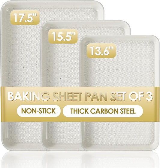 Baking Sheet Pan Set of 3, Nonstick Carbon Steel Cookie Sheets with Texture, Commercial Half/Quarter/Jelly Roll Pans Replacement Toaster Oven Tray, Heavy Duty & Easy Clean, White by Deedro