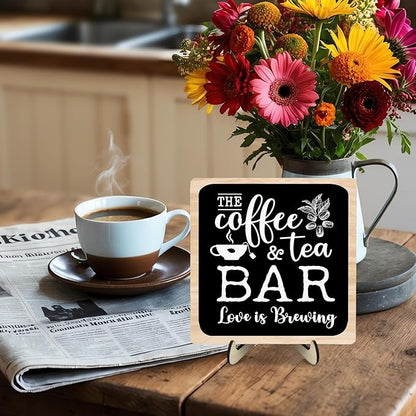Coffee Bar Plaque, Vintage Desk Decor for Home or Office,Cafe Bar Accessories -The Coffee&Tea Bar Love is Brewing,Coffee Lovers Kitchen Accessories 5.9x5.9inch - Image 4