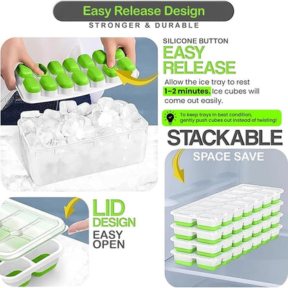 56pcs Ice Cube Tray with Lid and Bin – Stackable 4 Trays Plastic Silicone Freezer Mold, Large Ice Bucket with Scoop, Tong & 2 SS Straws – Easy Release Ice Maker for Cocktail, Coffee, RV, Whiskey - Image 3