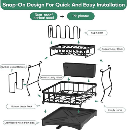 2 Tier Dish Rack, Carbon Steel Dish Drying Rack for Kitchen Organization & Storage, Countertop / Sink Dish Rack with Automatic Drain Tray, Large Capacity Black Dish Rack - Essential Home Kitchen Item