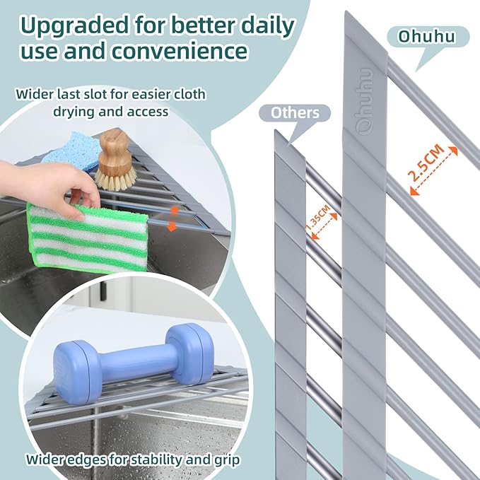 Ohuhu Triangle Roll Up Dish Drying Rack, Anti-Slip Organizer for Kitchen Sink Drying Rack with Full Silicone Wrapped for Top of Sink Coner Grey - Image 5