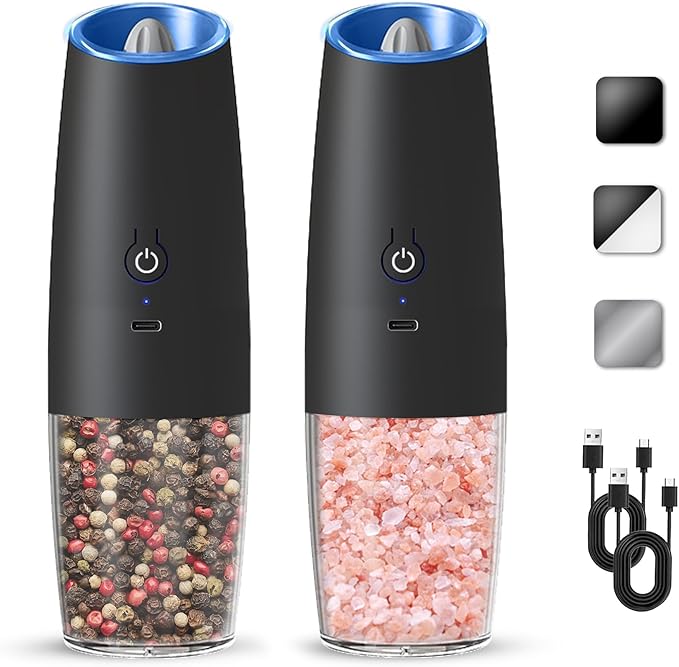 Rechargeable Electric Salt And Pepper Grinder Set, Automatic Gravity Electric Salt And Pepper Grinder Set, Adjustable Roughness, Led Light, 2 Pack, (Black) by KIARYUOLL